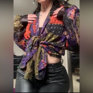 ❌SOLD❌Sheer gothic witchy orange and purple floral button up blouse